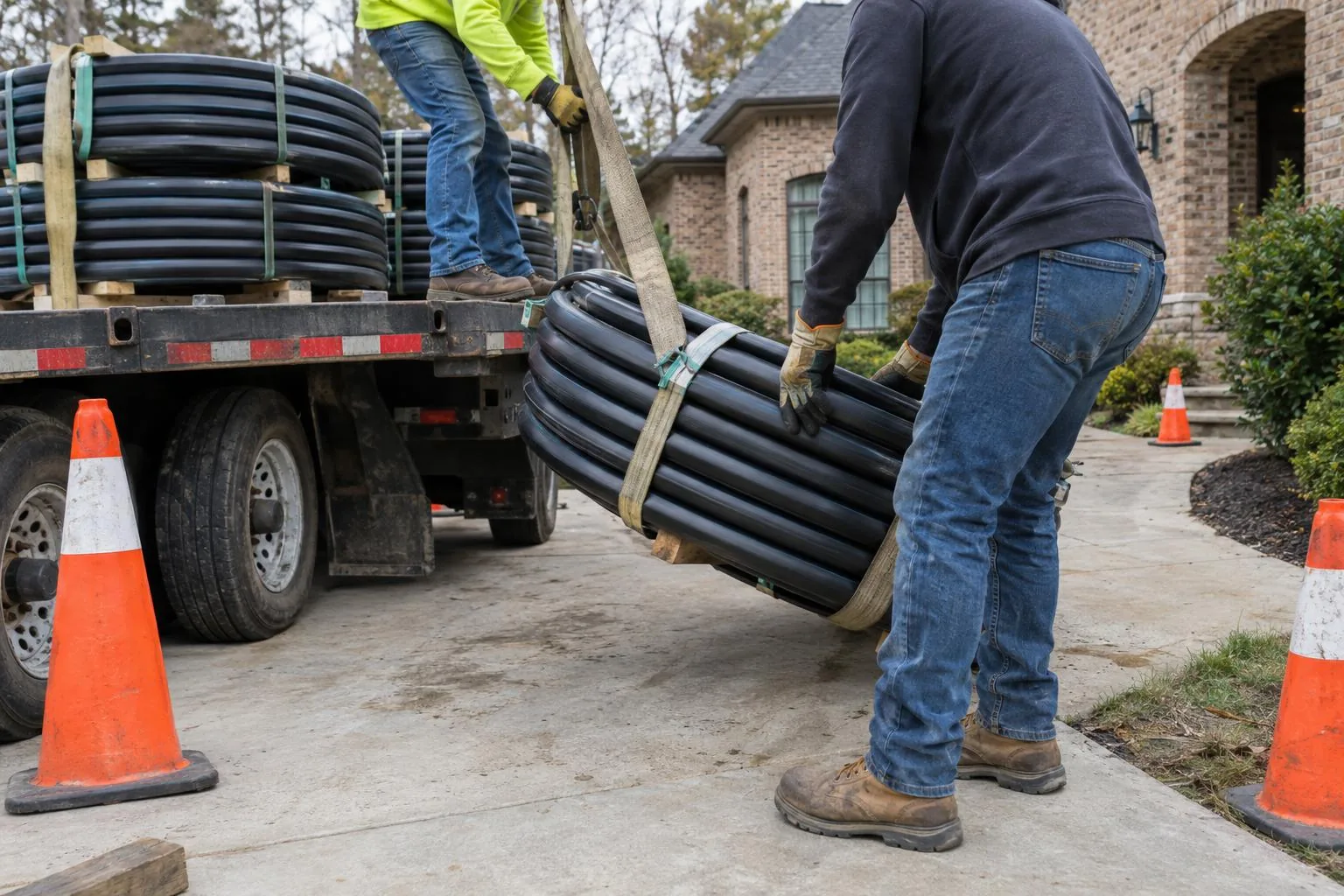 Two workers unloading coils of black pipe from a flatbed truck onto a driveway with traffic cones beside it