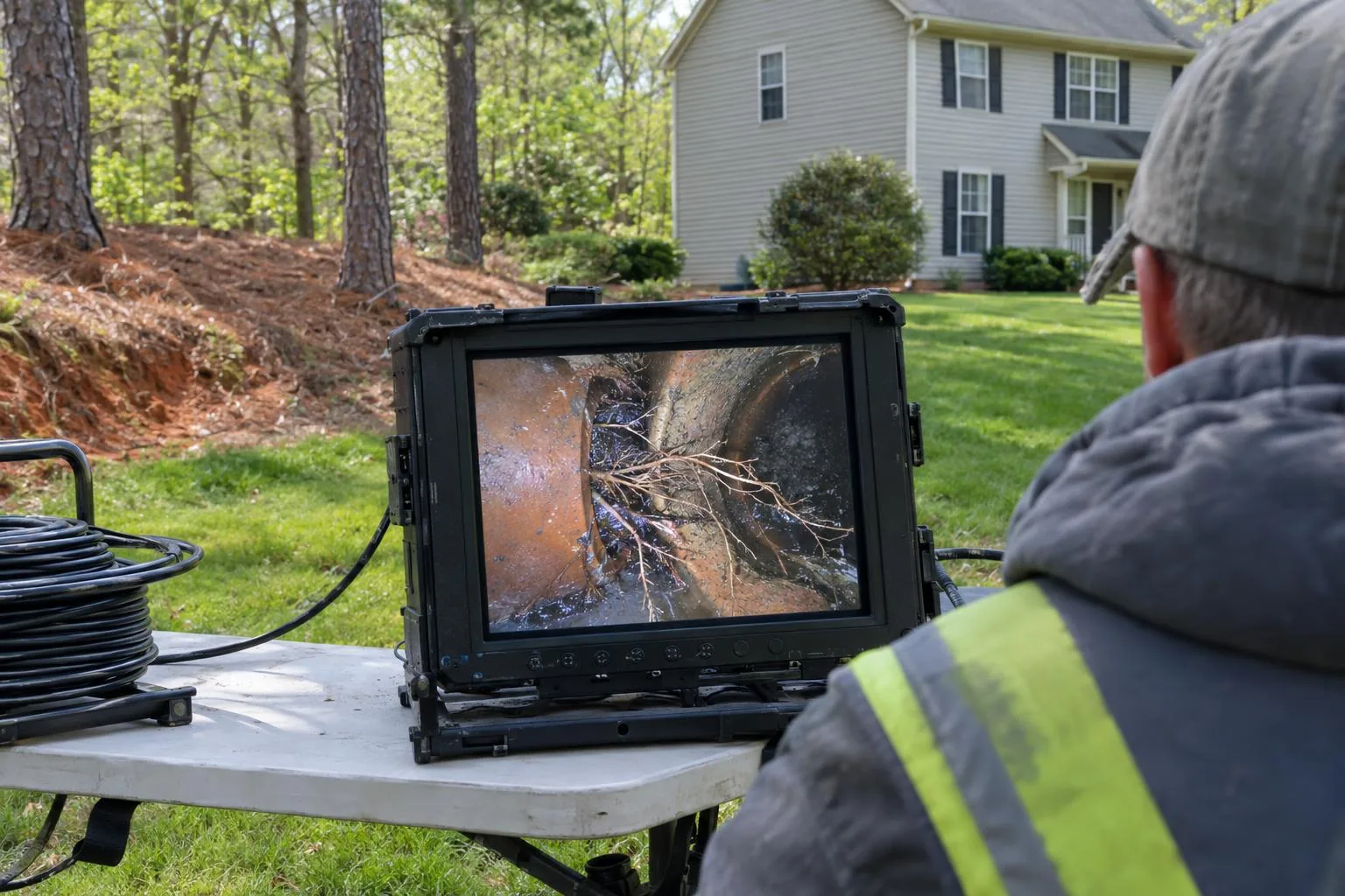 A technician in a cap watching a rugged monitor that shows tree roots inside a pipe joint, a cable reel beside the table