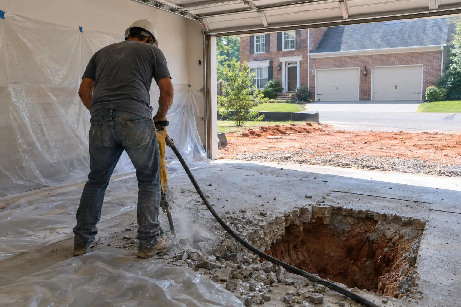 A worker in a hard hat breaking a hole in a garage concrete slab with a jackhammer, plastic sheeting hung behind him